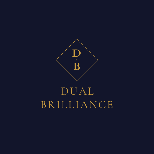 Logo Design with a dark blue background and gold text which reads Dual Brilliance with a diamond design in the middle of the background with a letter D and a letter B with a fullstop in the middle.